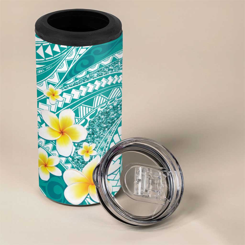 Plumeria Polynesian Teal Glitter Pattern 4 in 1 Can Cooler Tumbler