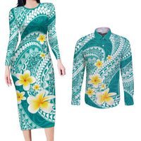 Plumeria Polynesian Teal Glitter Pattern Couples Matching Long Sleeve Bodycon Dress and Long Sleeve Button Shirt