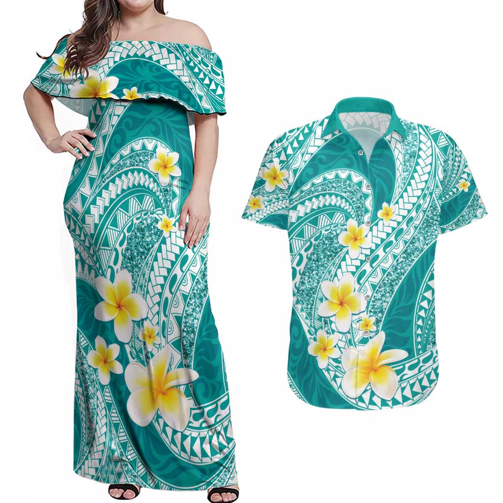 Plumeria Polynesian Teal Glitter Pattern Couples Matching Off Shoulder Maxi Dress and Hawaiian Shirt