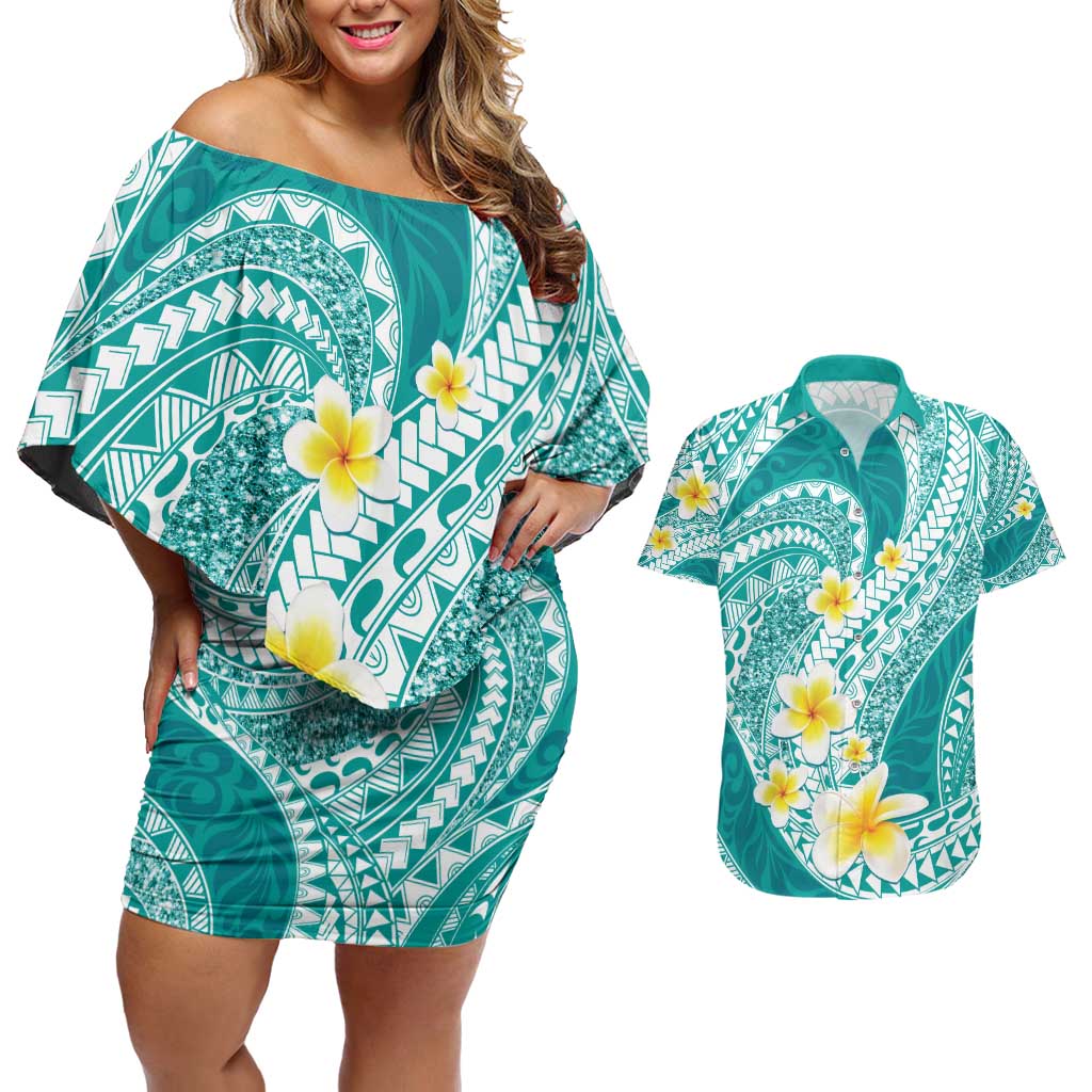 Plumeria Polynesian Teal Glitter Pattern Couples Matching Off Shoulder Short Dress and Hawaiian Shirt