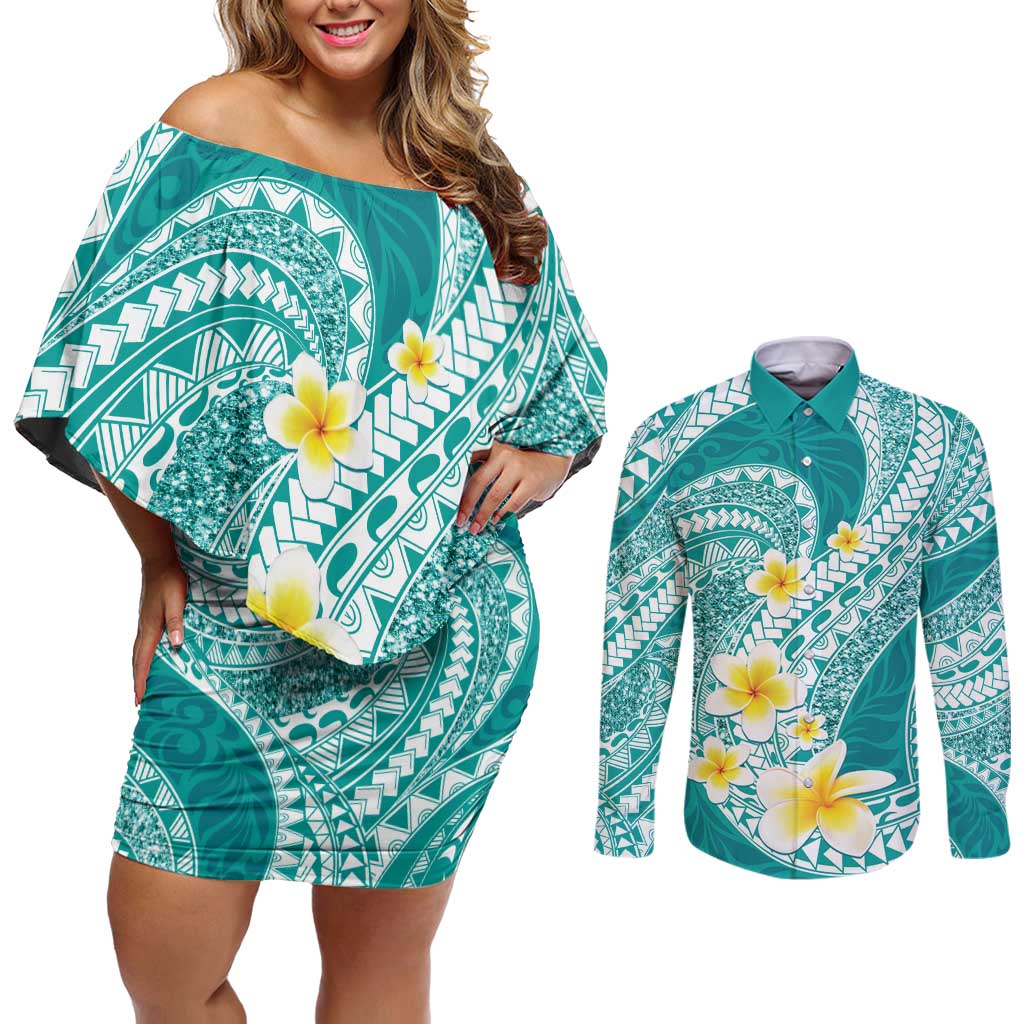 Plumeria Polynesian Teal Glitter Pattern Couples Matching Off Shoulder Short Dress and Long Sleeve Button Shirt