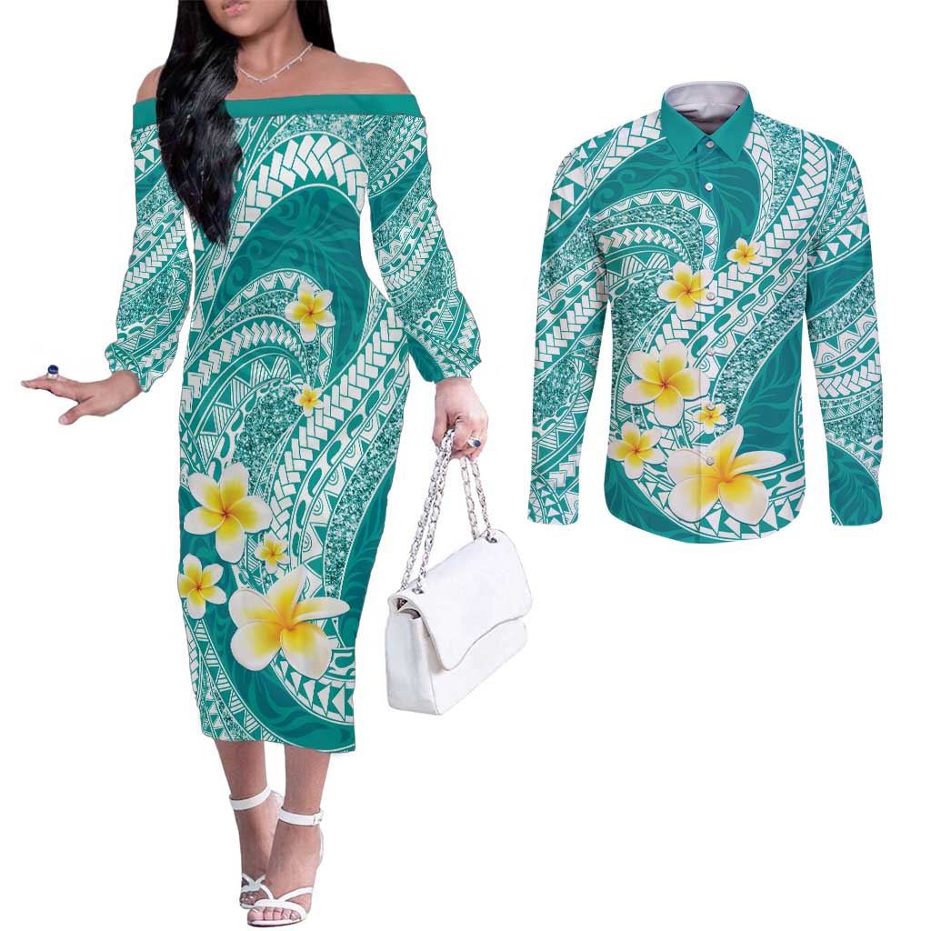 Plumeria Polynesian Teal Glitter Pattern Couples Matching Off The Shoulder Long Sleeve Dress and Long Sleeve Button Shirt