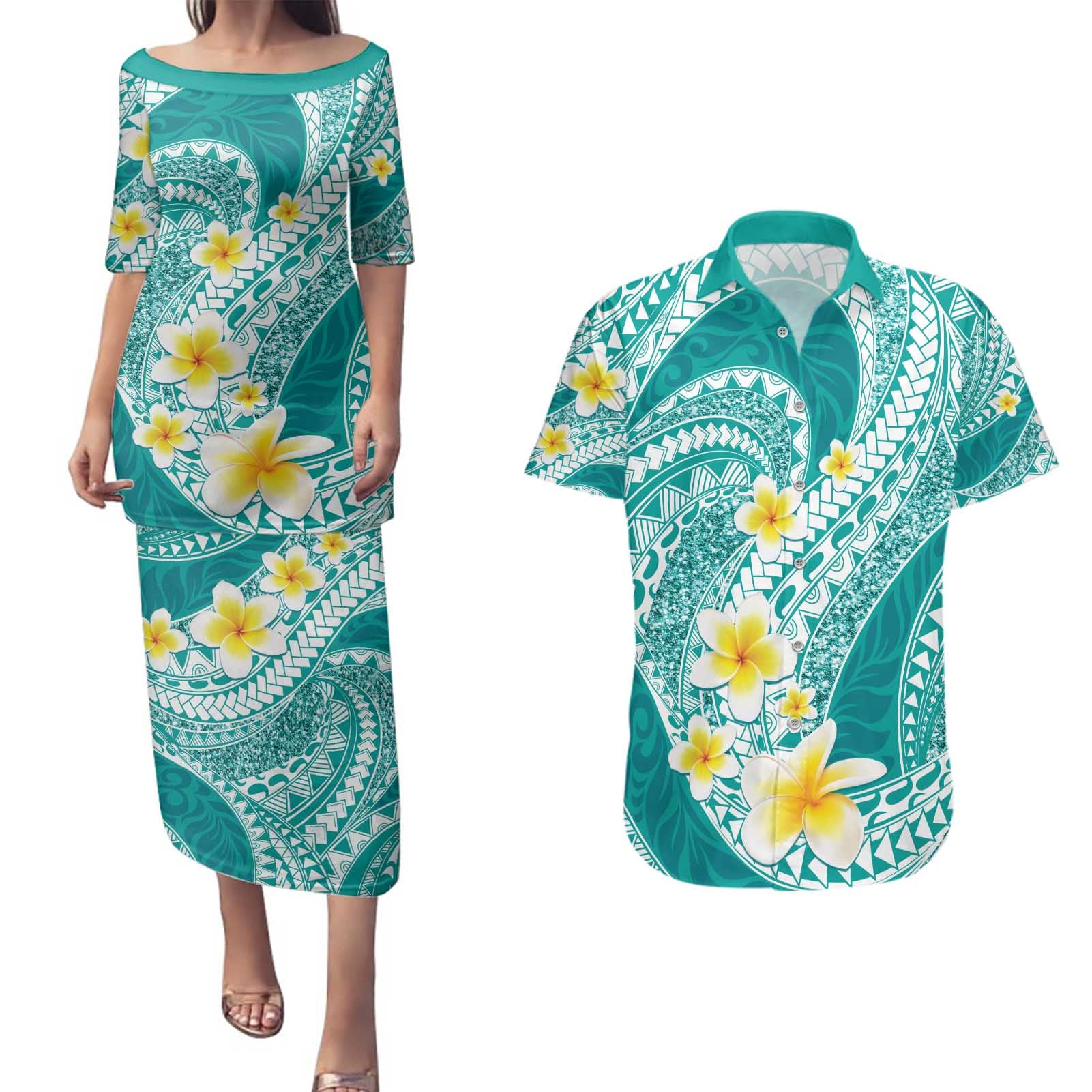 Plumeria Polynesian Teal Glitter Pattern Couples Matching Puletasi and Hawaiian Shirt