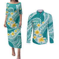 Plumeria Polynesian Teal Glitter Pattern Couples Matching Puletasi and Long Sleeve Button Shirt