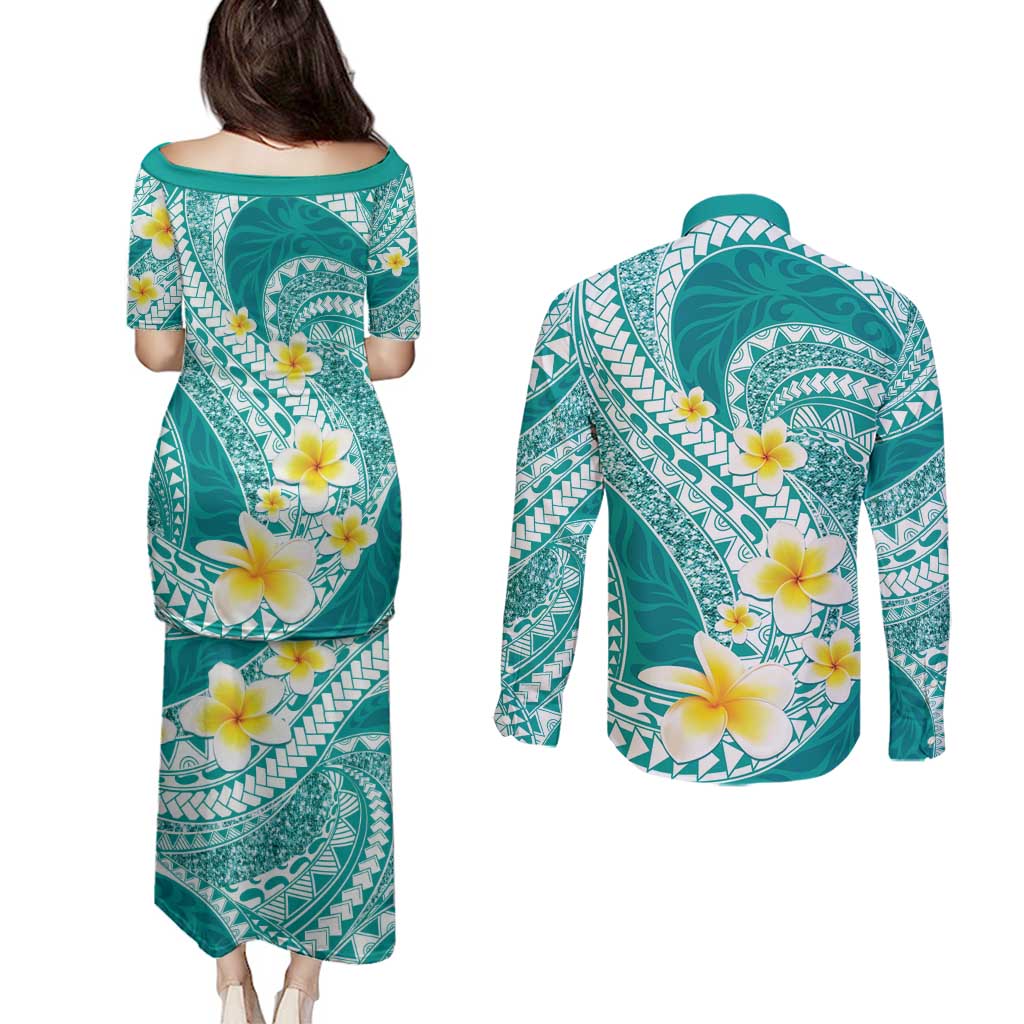 Plumeria Polynesian Teal Glitter Pattern Couples Matching Puletasi and Long Sleeve Button Shirt