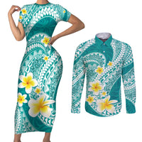 Plumeria Polynesian Teal Glitter Pattern Couples Matching Short Sleeve Bodycon Dress and Long Sleeve Button Shirt