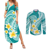 Plumeria Polynesian Teal Glitter Pattern Couples Matching Summer Maxi Dress and Long Sleeve Button Shirt