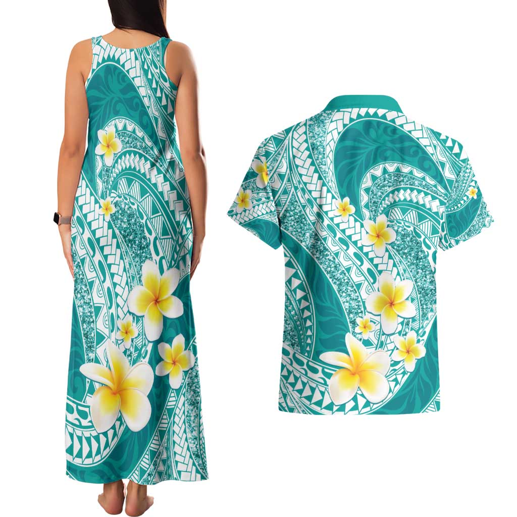 Plumeria Polynesian Teal Glitter Pattern Couples Matching Tank Maxi Dress and Hawaiian Shirt