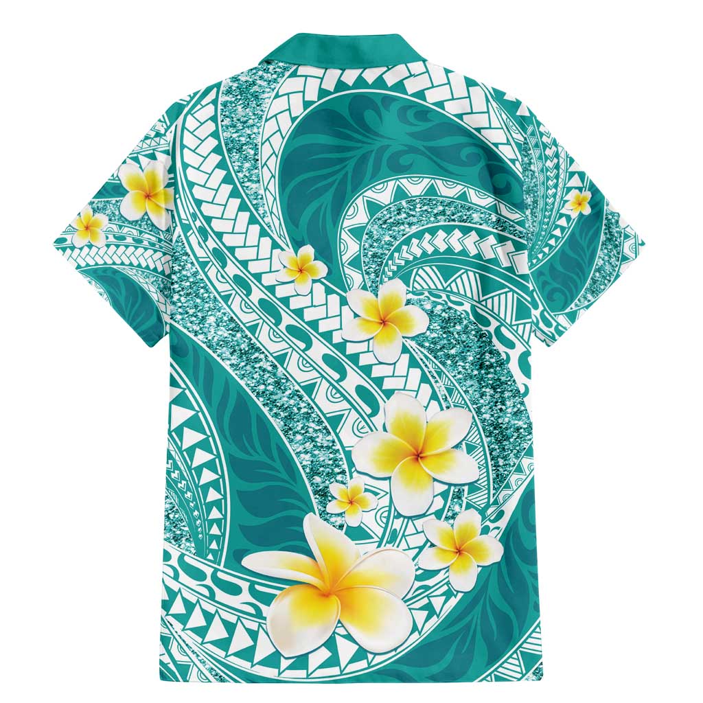 Plumeria Polynesian Teal Glitter Pattern Family Matching Mermaid Dress and Hawaiian Shirt