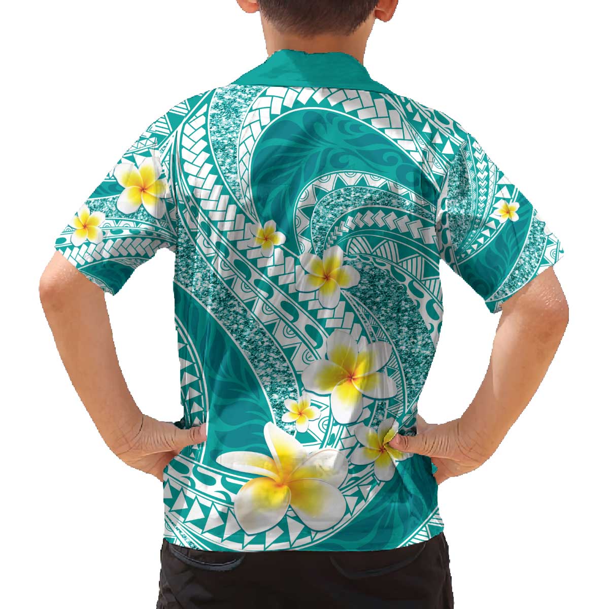 Plumeria Polynesian Teal Glitter Pattern Family Matching Off The Shoulder Long Sleeve Dress and Hawaiian Shirt