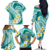Plumeria Polynesian Teal Glitter Pattern Family Matching Off The Shoulder Long Sleeve Dress and Hawaiian Shirt