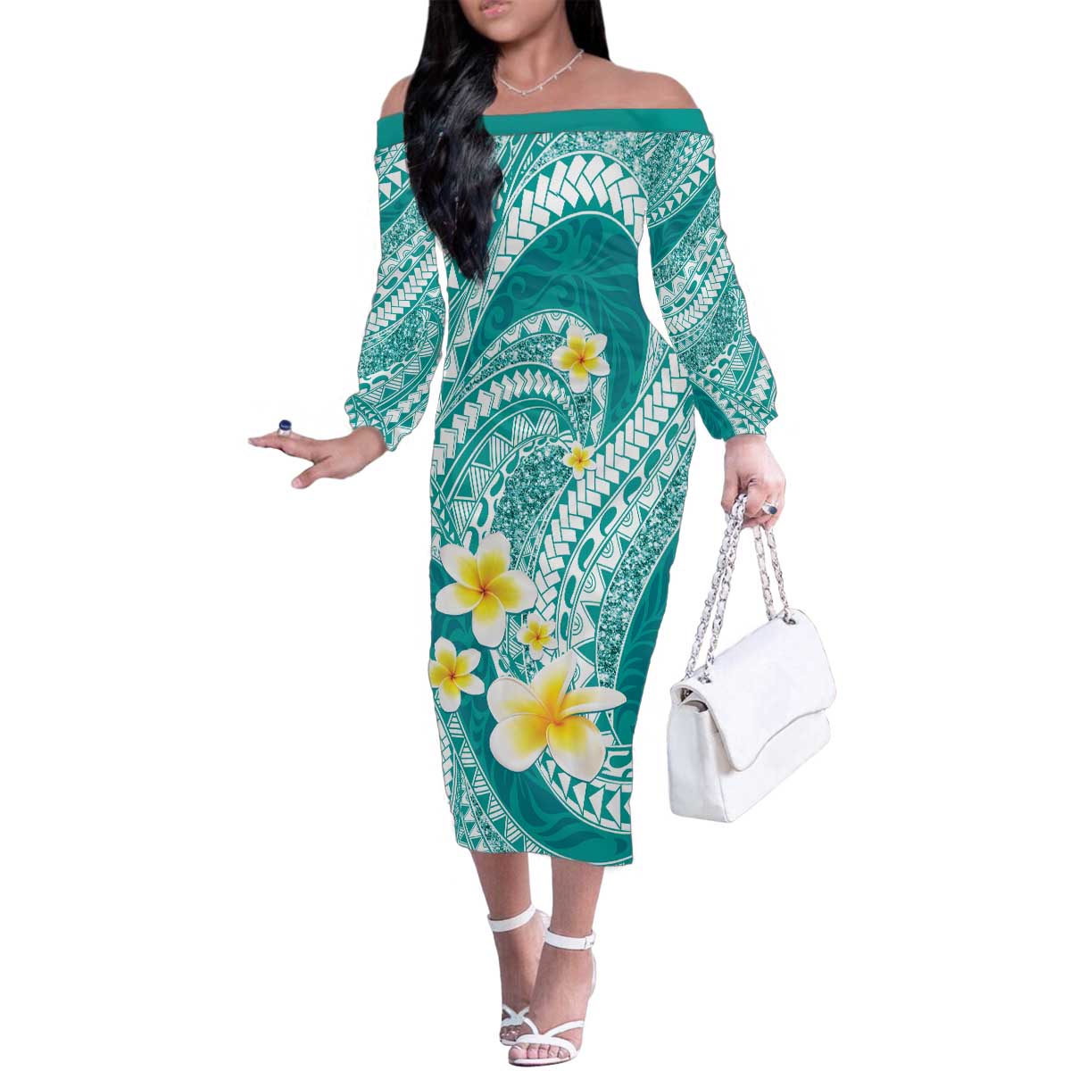 Plumeria Polynesian Teal Glitter Pattern Family Matching Off The Shoulder Long Sleeve Dress and Hawaiian Shirt