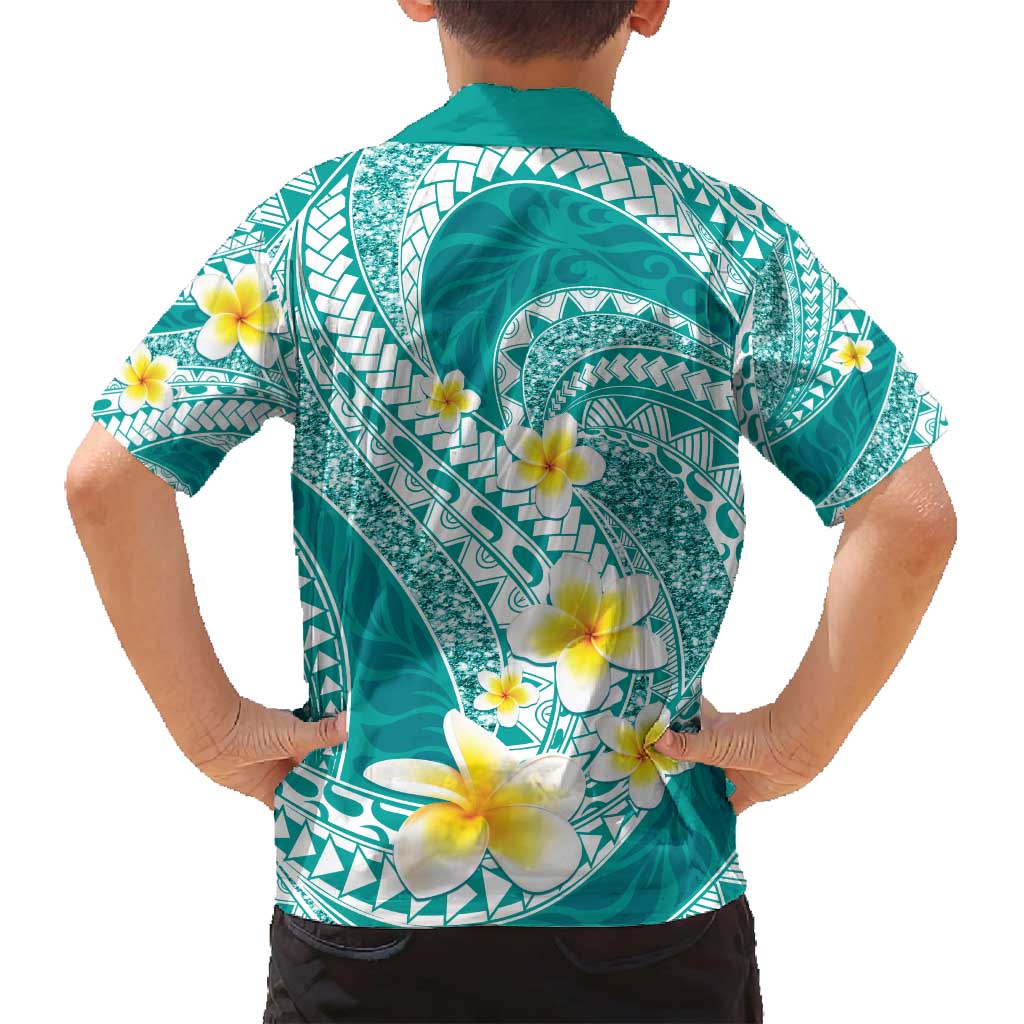 Plumeria Polynesian Teal Glitter Pattern Family Matching Off Shoulder Maxi Dress and Hawaiian Shirt