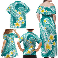 Plumeria Polynesian Teal Glitter Pattern Family Matching Off Shoulder Maxi Dress and Hawaiian Shirt
