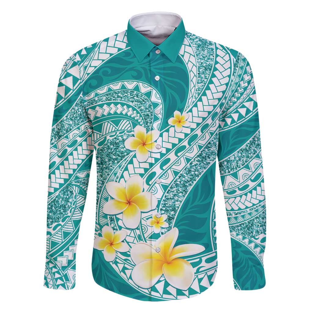 Plumeria Polynesian Teal Glitter Pattern Family Matching Off Shoulder Maxi Dress and Hawaiian Shirt