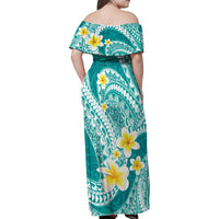 Plumeria Polynesian Teal Glitter Pattern Family Matching Off Shoulder Maxi Dress and Hawaiian Shirt