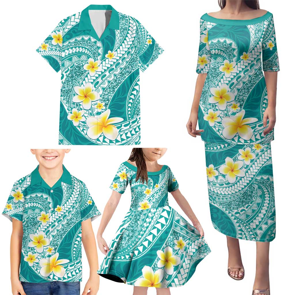 Plumeria Polynesian Teal Glitter Pattern Family Matching Puletasi and Hawaiian Shirt
