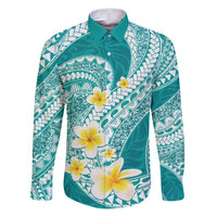 Plumeria Polynesian Teal Glitter Pattern Family Matching Puletasi and Hawaiian Shirt