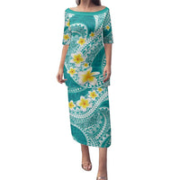 Plumeria Polynesian Teal Glitter Pattern Family Matching Puletasi and Hawaiian Shirt