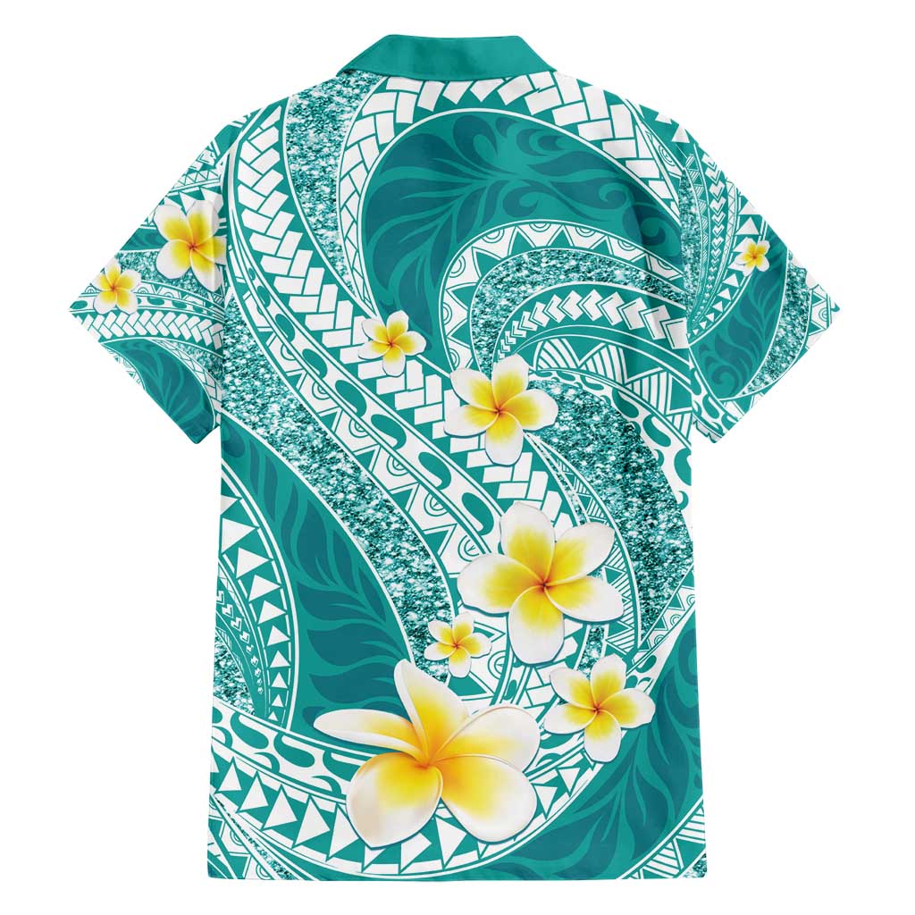 Plumeria Polynesian Teal Glitter Pattern Family Matching Short Sleeve Bodycon Dress and Hawaiian Shirt