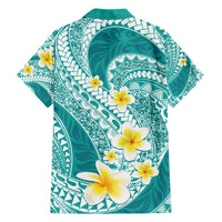 Plumeria Polynesian Teal Glitter Pattern Family Matching Short Sleeve Bodycon Dress and Hawaiian Shirt
