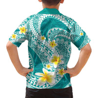 Plumeria Polynesian Teal Glitter Pattern Family Matching Summer Maxi Dress and Hawaiian Shirt