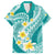 Plumeria Polynesian Teal Glitter Pattern Family Matching Summer Maxi Dress and Hawaiian Shirt