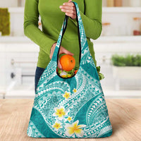 Plumeria Polynesian Teal Glitter Pattern Grocery Bag