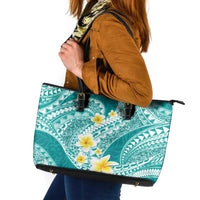 Plumeria Polynesian Teal Glitter Pattern Leather Tote Bag