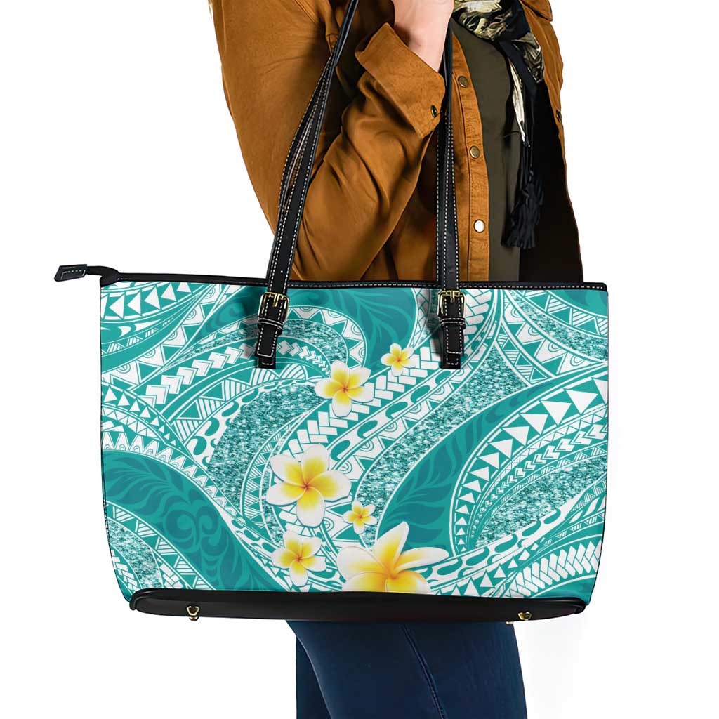 Plumeria Polynesian Teal Glitter Pattern Leather Tote Bag