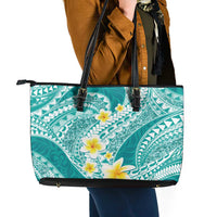 Plumeria Polynesian Teal Glitter Pattern Leather Tote Bag