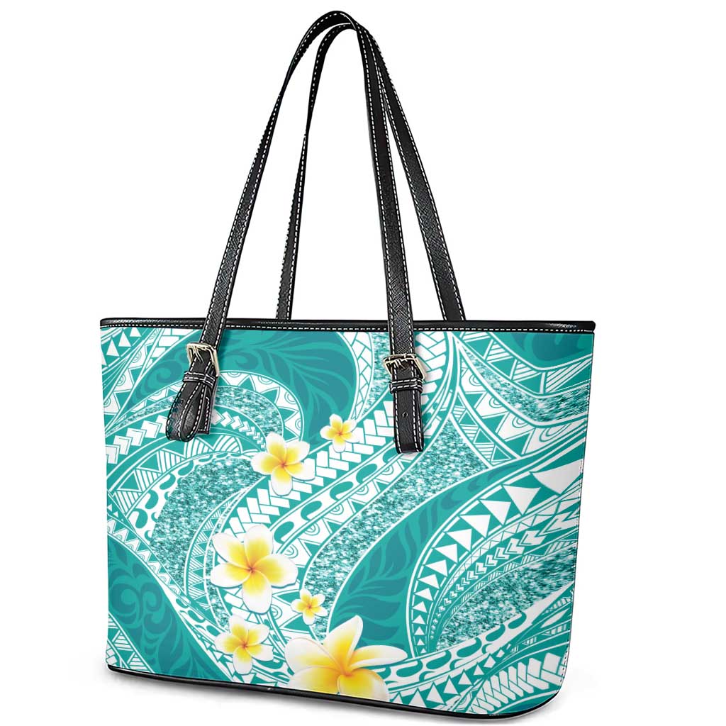 Plumeria Polynesian Teal Glitter Pattern Leather Tote Bag