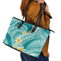 Plumeria Polynesian Teal Glitter Pattern Leather Tote Bag