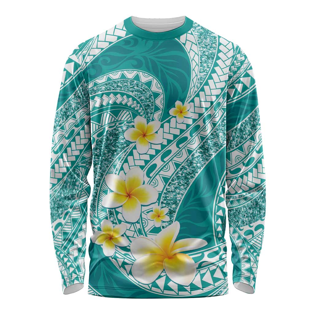 Plumeria Polynesian Teal Glitter Pattern Long Sleeve Shirt