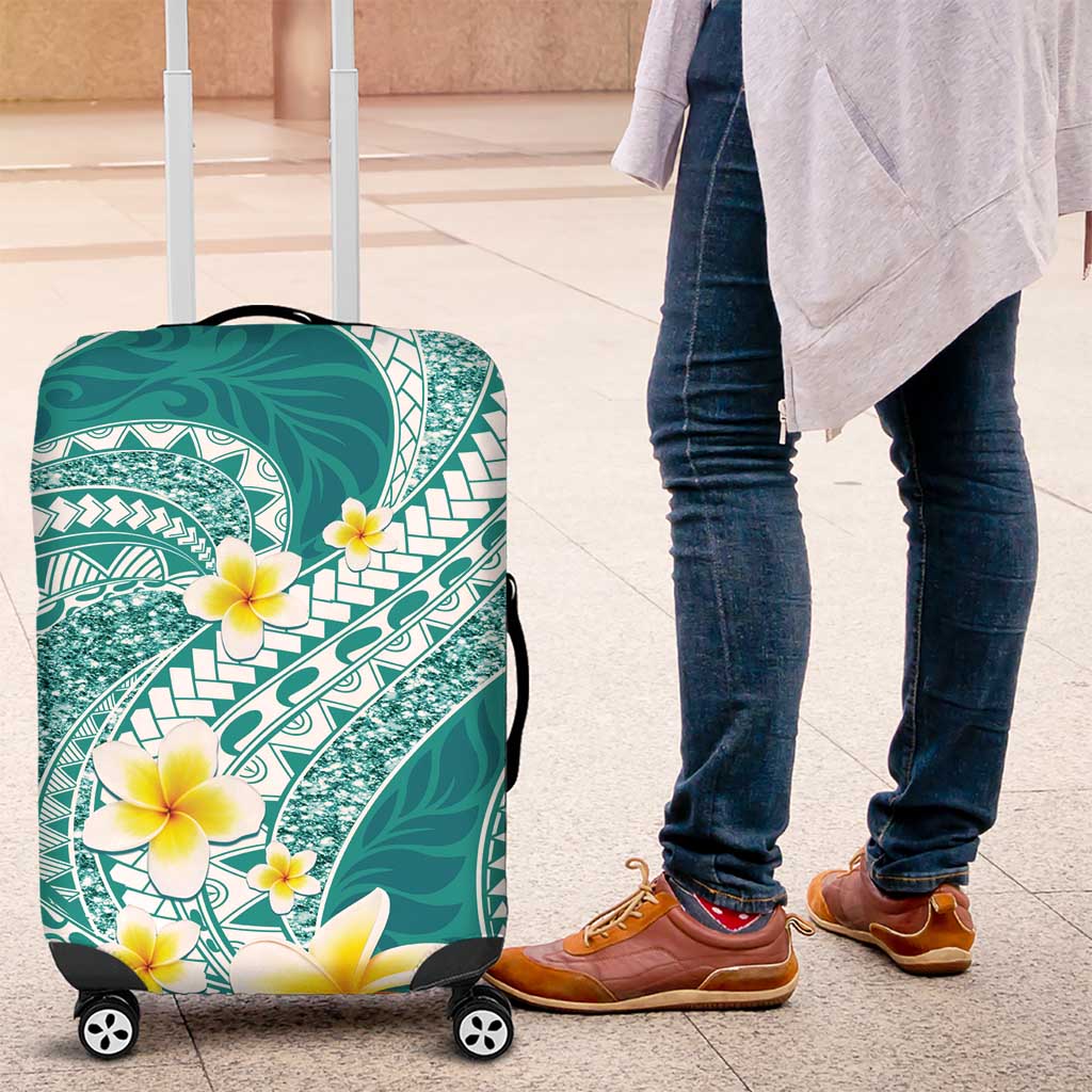 Plumeria Polynesian Teal Glitter Pattern Luggage Cover LT01 Teal - Polynesian Pride