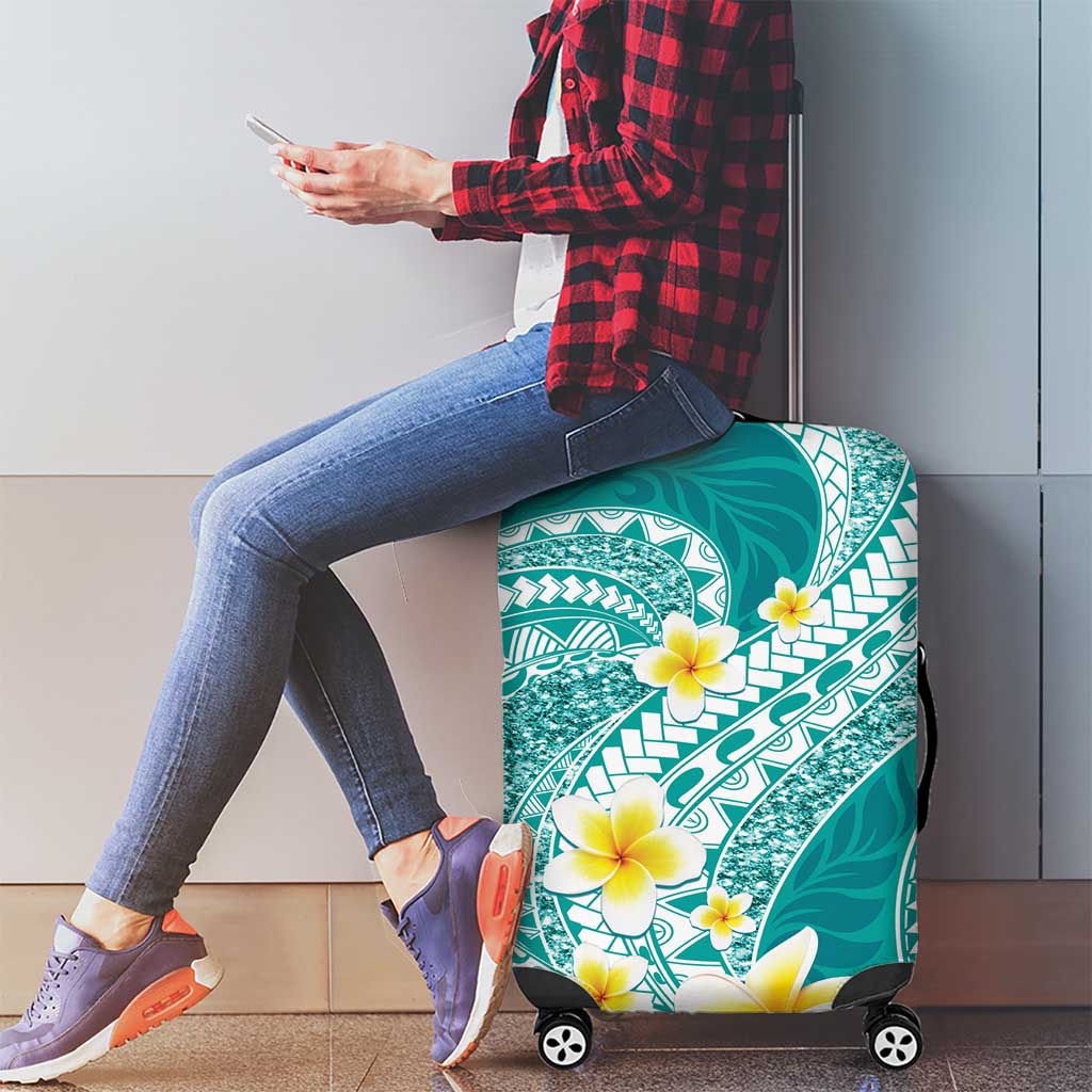 Plumeria Polynesian Teal Glitter Pattern Luggage Cover