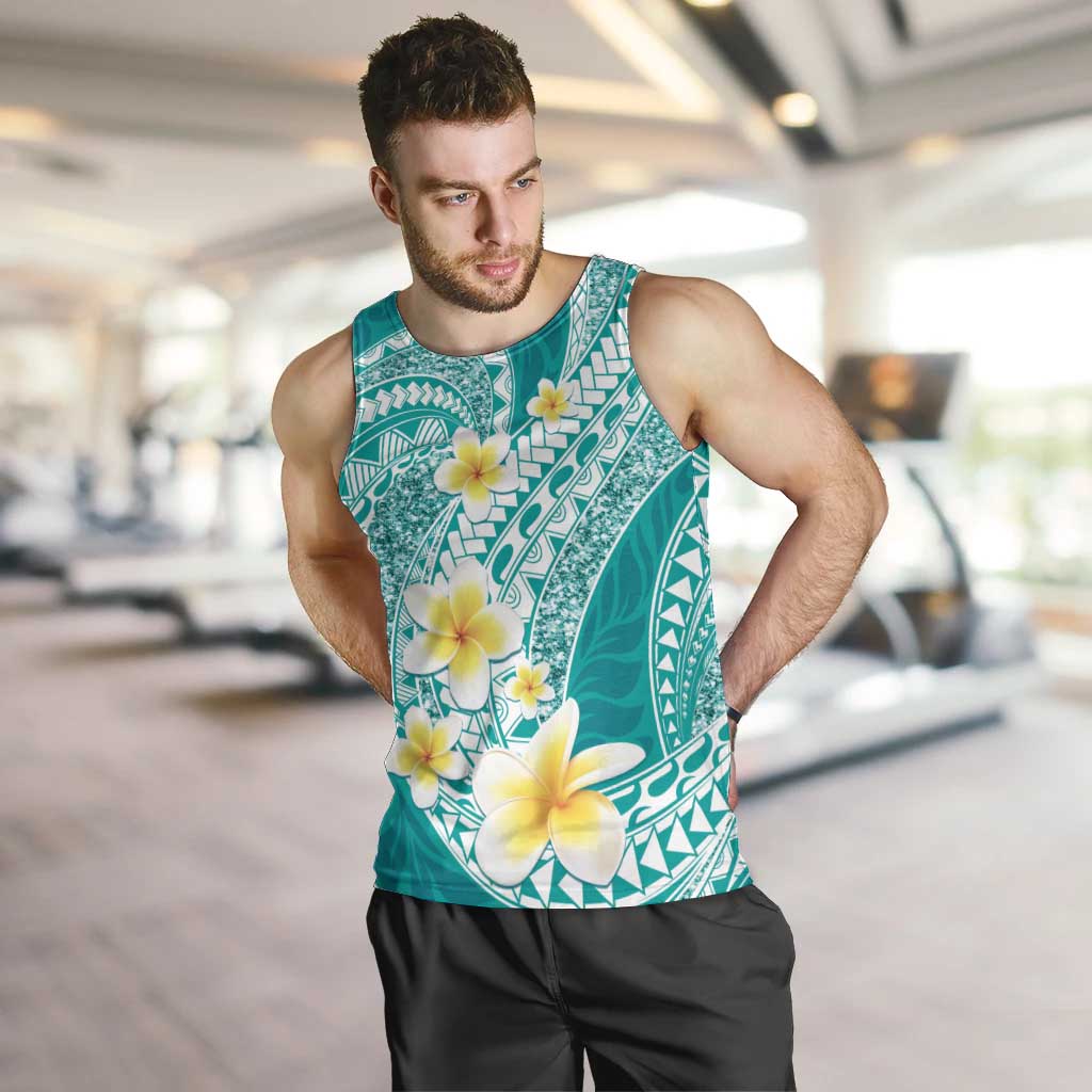 Plumeria Polynesian Teal Glitter Pattern Men Tank Top