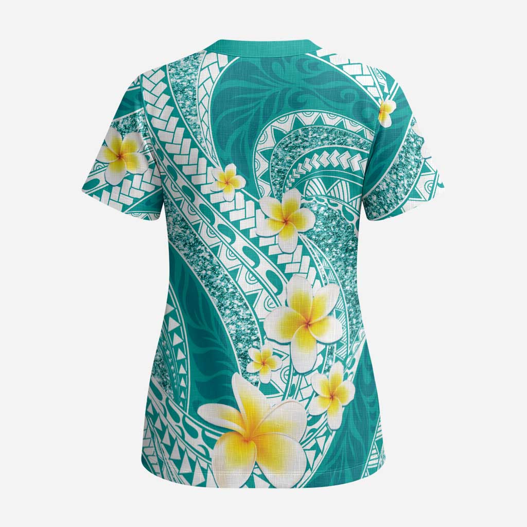 Plumeria Polynesian Teal Glitter Pattern Scrub Top LT01 - Polynesian Pride