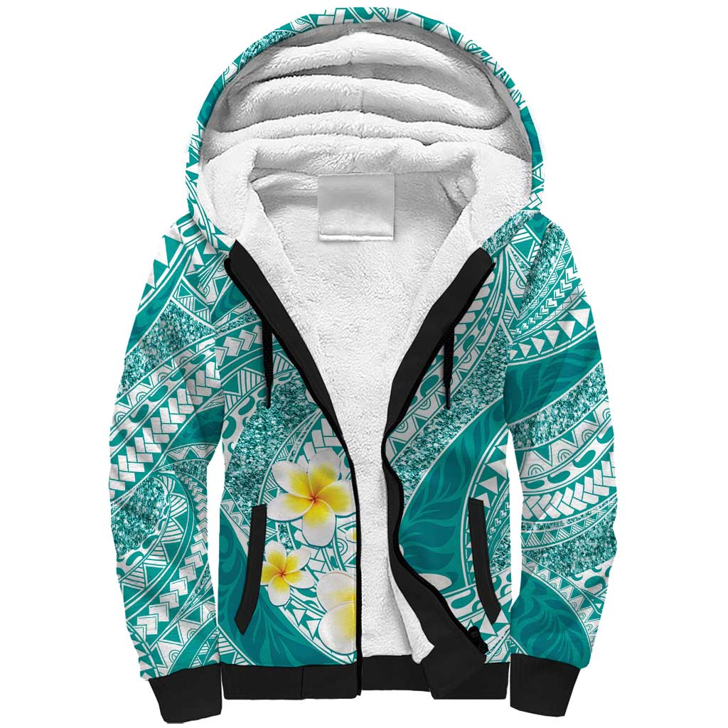 Plumeria Polynesian Teal Glitter Pattern Sherpa Hoodie