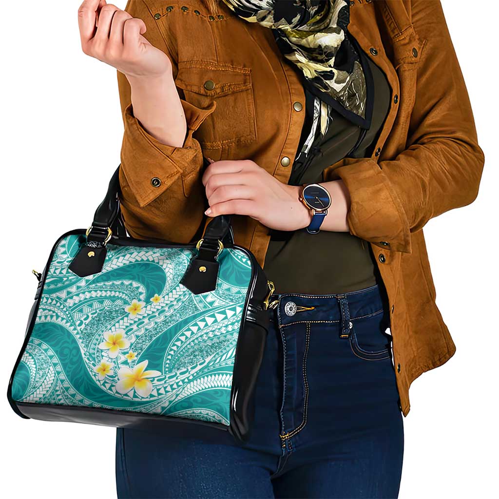 Plumeria Polynesian Teal Glitter Pattern Shoulder Handbag