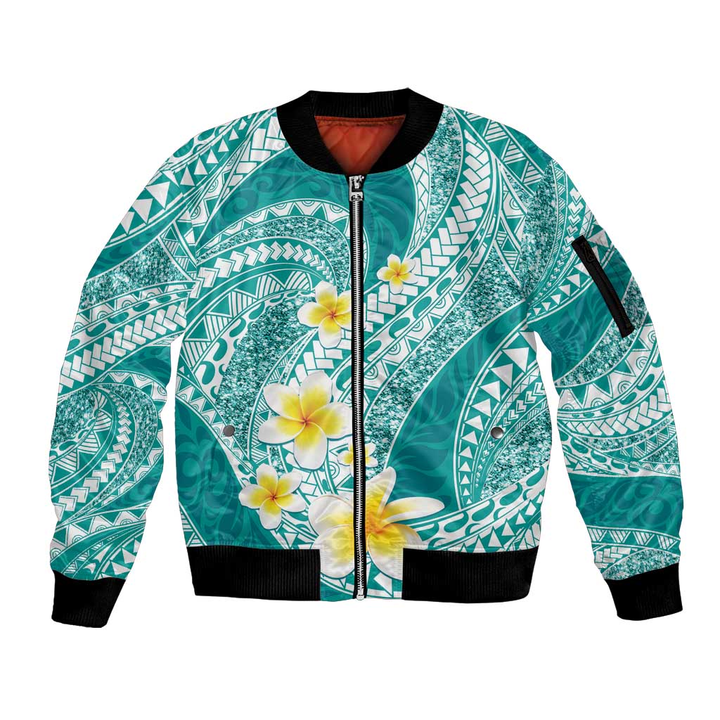 Plumeria Polynesian Teal Glitter Pattern Sleeve Zip Bomber Jacket LT01 Unisex Teal - Polynesian Pride