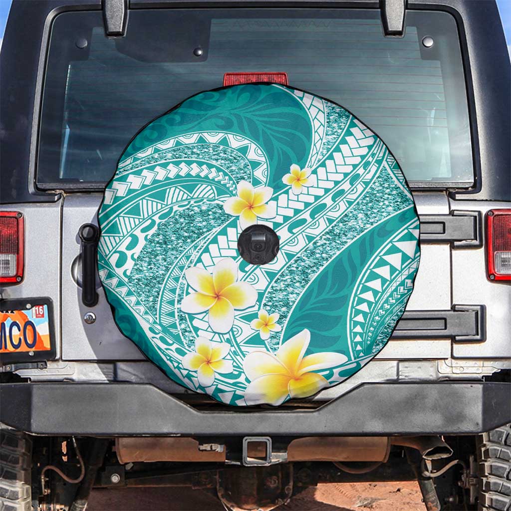 Plumeria Polynesian Teal Glitter Pattern Spare Tire Cover