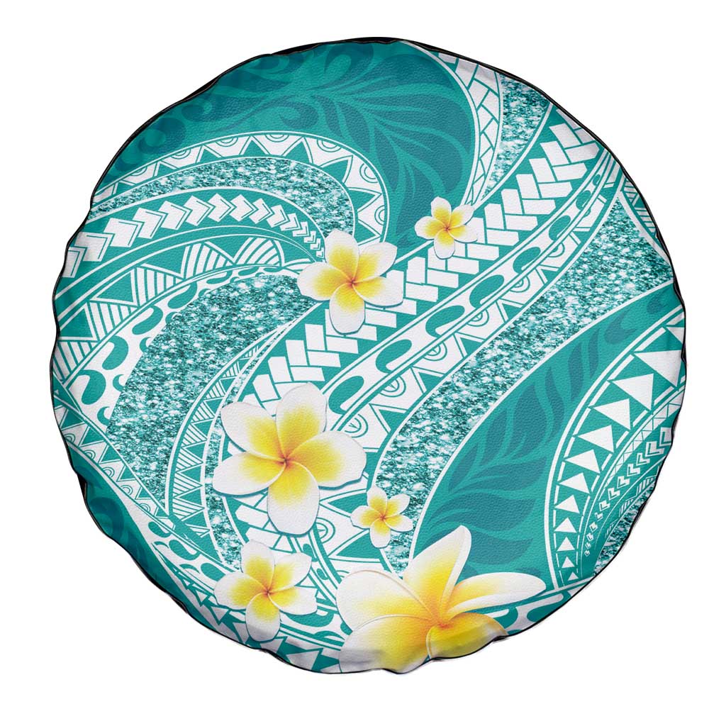 Plumeria Polynesian Teal Glitter Pattern Spare Tire Cover