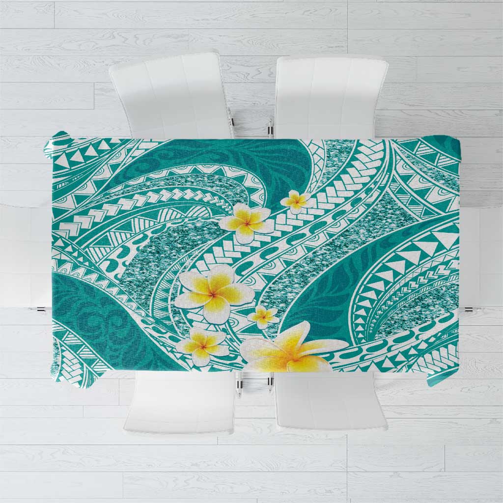 Plumeria Polynesian Teal Glitter Pattern Tablecloth