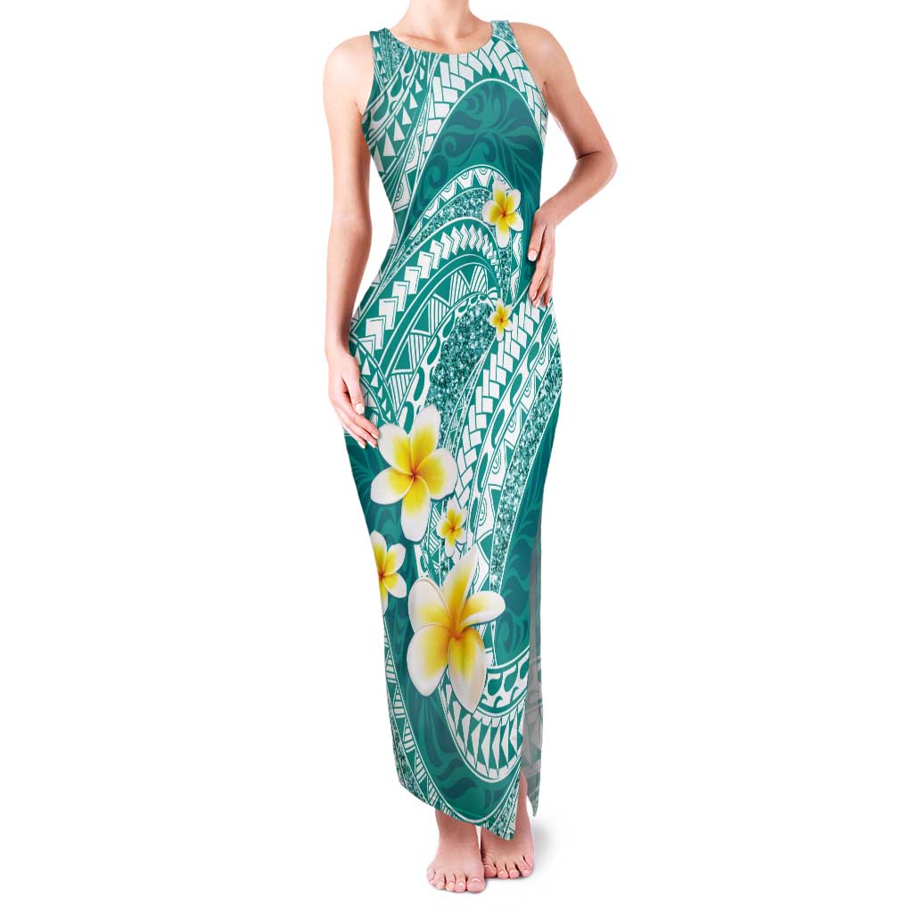 Plumeria Polynesian Teal Glitter Pattern Tank Maxi Dress