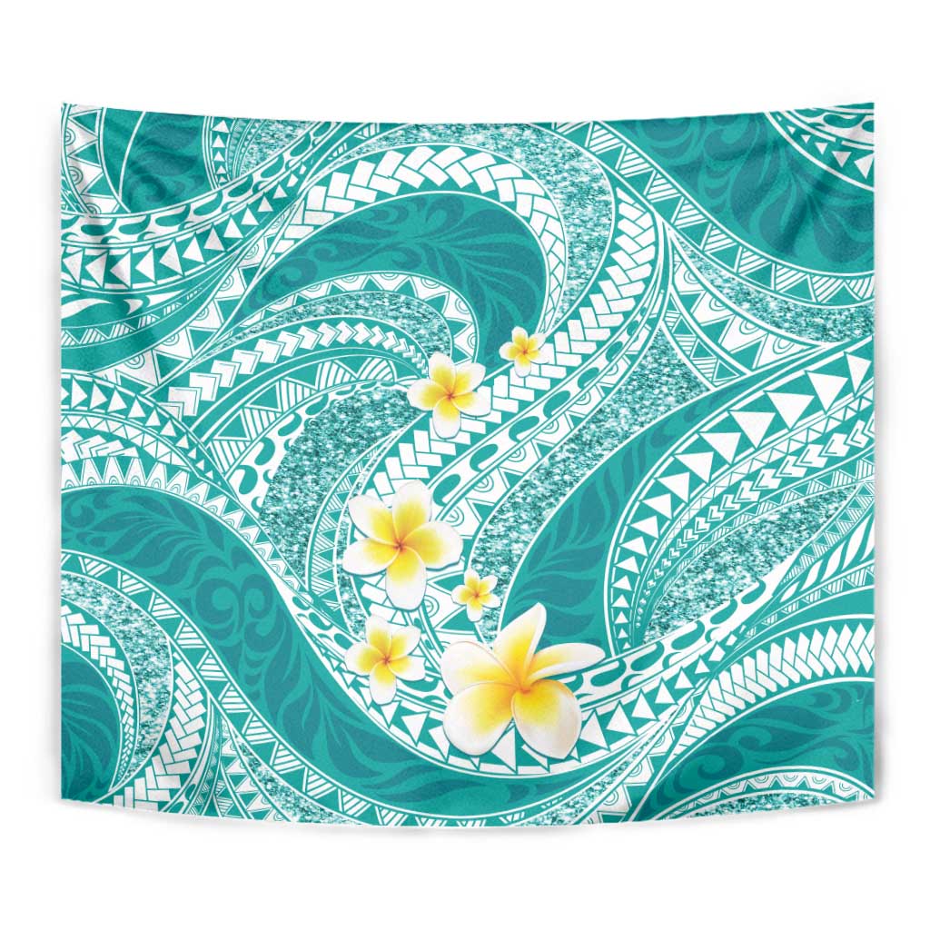 Plumeria Polynesian Teal Glitter Pattern Tapestry