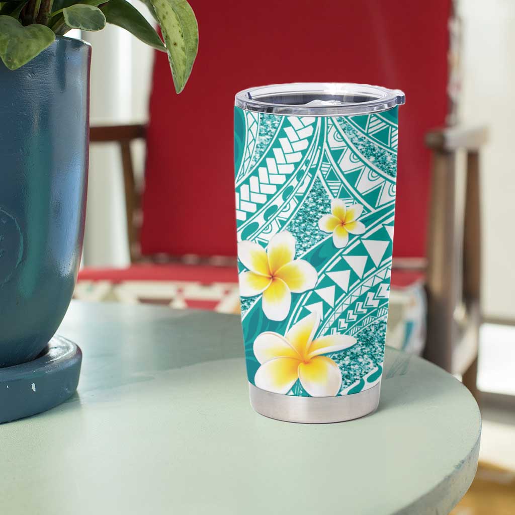 Plumeria Polynesian Teal Glitter Pattern Tumbler Cup