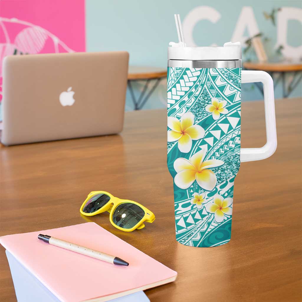 Plumeria Polynesian Teal Glitter Pattern Tumbler With Handle