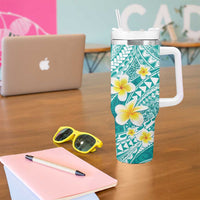 Plumeria Polynesian Teal Glitter Pattern Tumbler With Handle