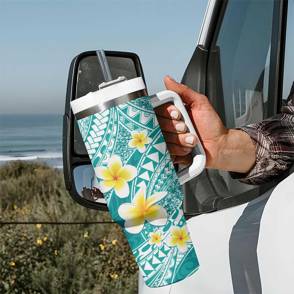 Plumeria Polynesian Teal Glitter Pattern Tumbler With Handle